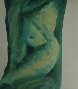 Yellow and green oils depicting a female torso and thigh as if trapped in a laurel