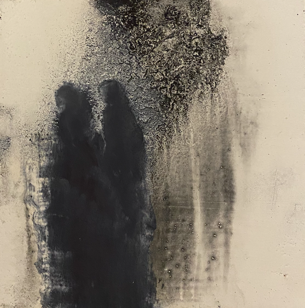 abstract image of two dark blue pigment figures walking together to the left through a shimmer of black on a cream coloured gesso surface.