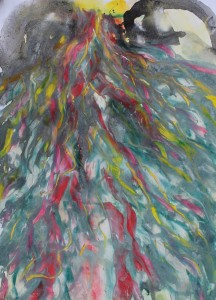 photograph depicting a waterfall-like array of greens, pinks, and some yellow cascading down from a high horizon